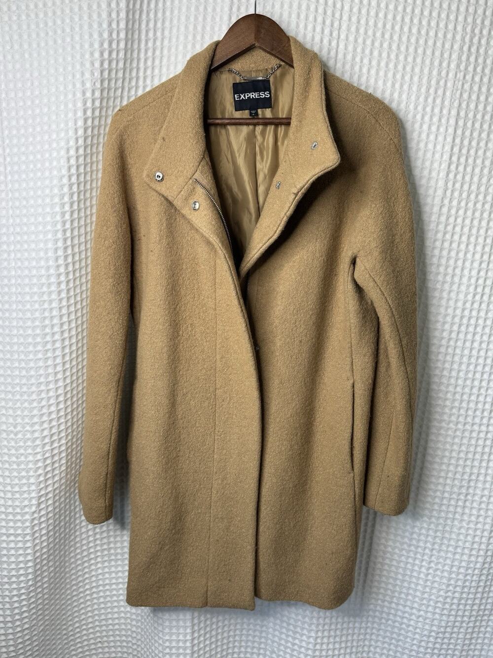 Express Women’s S Camel Tan Asymmetrical Zip Funnel Neck Long Coat Lined